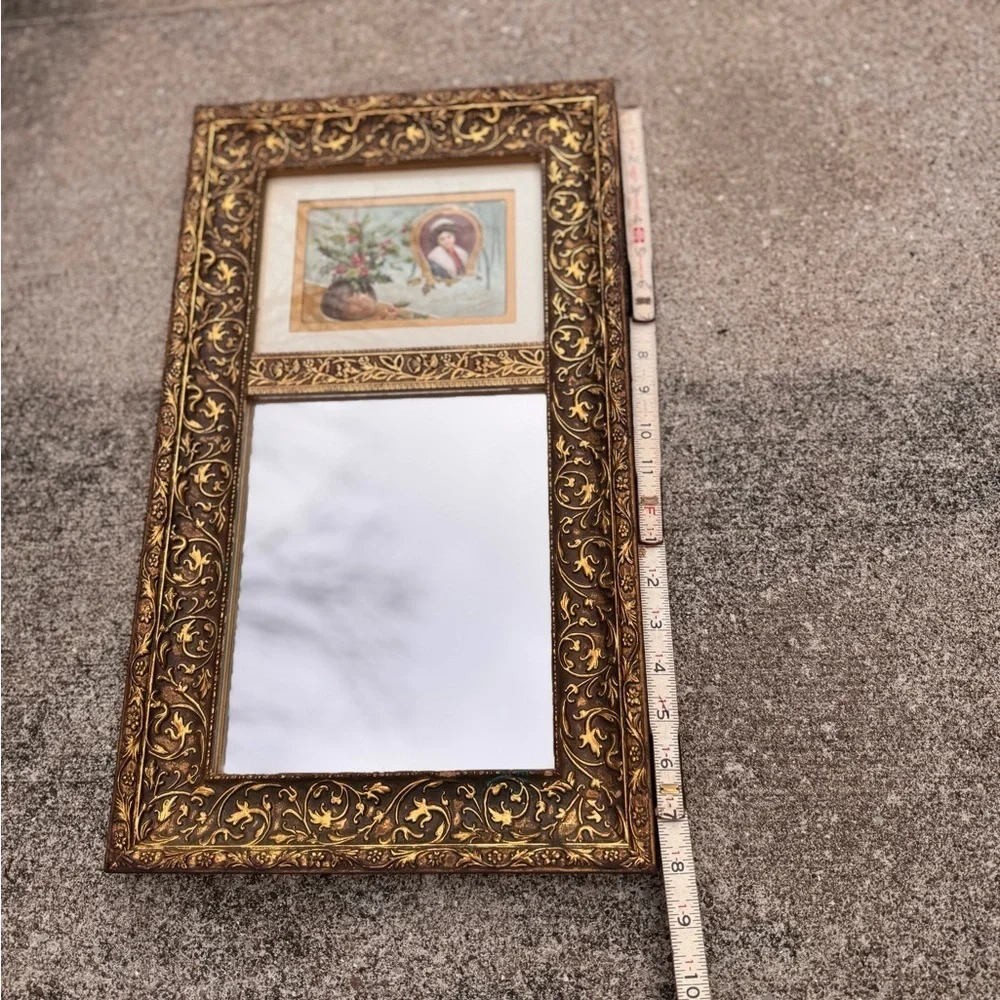Vintage Estate Gold Framed Wall Mirror with Holiday Advertisement
